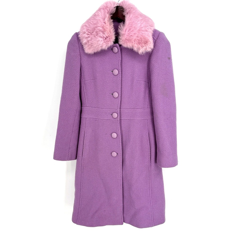 Y2K‎ Marvin Richards Elegant Lavender Tweed Wool Blend Dress Coat Fur Trim XS